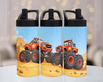 Monster Trucks Tumbler, Monster Truck Gift, 16oz Stainless Steel Tumbler, Pop up lid, Gift for Kids, Cute, Boys Cup, Big Wheels, Boys Gift
