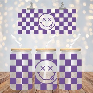 Smiley de ojos X a cuadros, Vaso de lata Libbey de 16 oz, Púrpura, Feliz, Ideas de regalos, Sublimación, Vaso de vidrio, Regalos, Vaso con tapa, Paja
