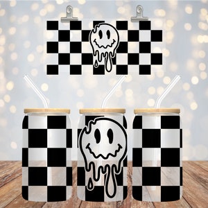 Smiley goteando a cuadros, vaso de lata Libbey de 16 oz, negro, feliz, ideas de regalos, sublimación, vaso de vidrio, regalos, vaso con tapa, paja