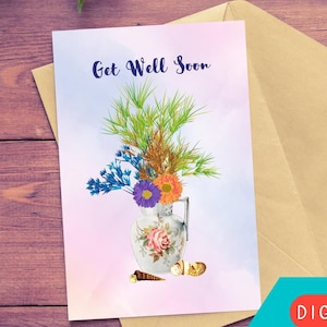 IMPRESSION NUMÉRIQUE Get Well Soon pichet de carte vase fleurs coquillages encouragement à la récupération