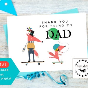 Carte fête des pères NUMÉRIQUE IMPRIMABLE, papa Saint Valentin, carte anniversaire, pour papa, merci, patineur, scooter, skateboard, renard, ballon