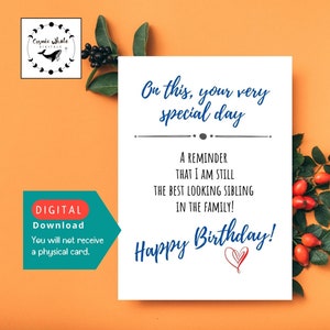 Carte d’anniversaire imprimable numérique, salutation, drôle, sarcastique, plus belle journée spéciale entre frères et sœurs