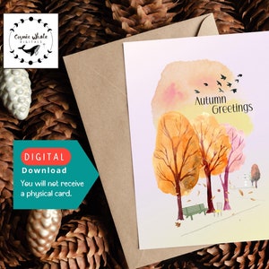 DIGITAL PRINTABLE any and all occasion greeting card Autumn in a city park bench trees birds