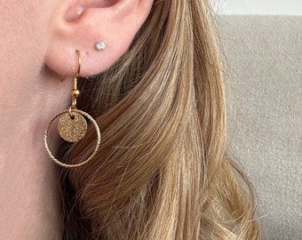 Boucles d'oreilles anneau diamanté et pendentif sequin en acier inoxydable