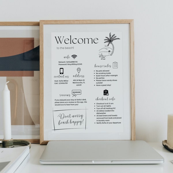 TEMA DE PLAYA Plantilla de signo de bienvenida de Airbnb en Canva, Alquiler de vacaciones imprimible, Guía para huéspedes de Airbnb, Contraseña Wifi de información de alquiler, VRBO personalizado