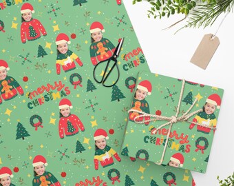 Christmas Sweater Wrapping Paper with Custom Face Photo, Personalized Merry Christmas Wrapping Paper for Friends, Family, Children, Grandkid