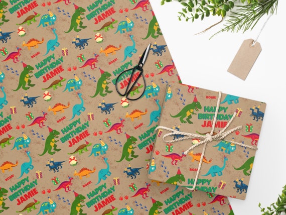 Custom DINO Birthday Gift Wrapping Paper, Personalized Dinosaur Theme Happy  Birthday Wrapping Paper Roll, Kids Name Birthday Wrapping Paper 