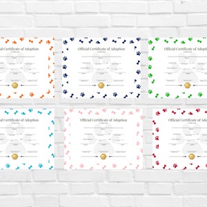 Paquete de certificado de nacimiento de cachorro y certificado de adopción de perro de descarga digital IMPRIMIBLE - 48 opciones - Muchos colores - 4 opciones de redacción