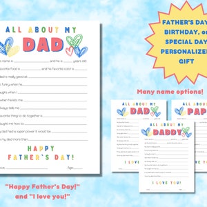 All About Dad Printable Fill in Template, Fathers Day Gift from Kids, All About My Daddy Dada Daddy Interview, Father's Day Activity