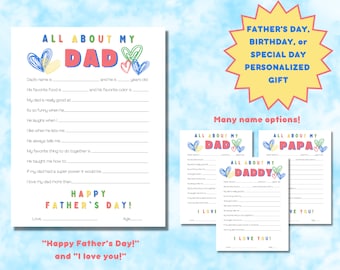 All About Dad Printable Fill in Template, Fathers Day Gift from Kids, All About My Daddy Dada Daddy Interview, Father's Day Activity