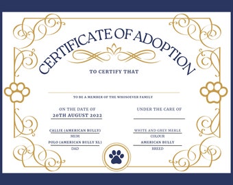 Adoption Certificate Printable, Editable in Canva, New Puppy Birth Certificate, Surprise Puppy Gift, Dog Adoption Certificate, Shelter Dog