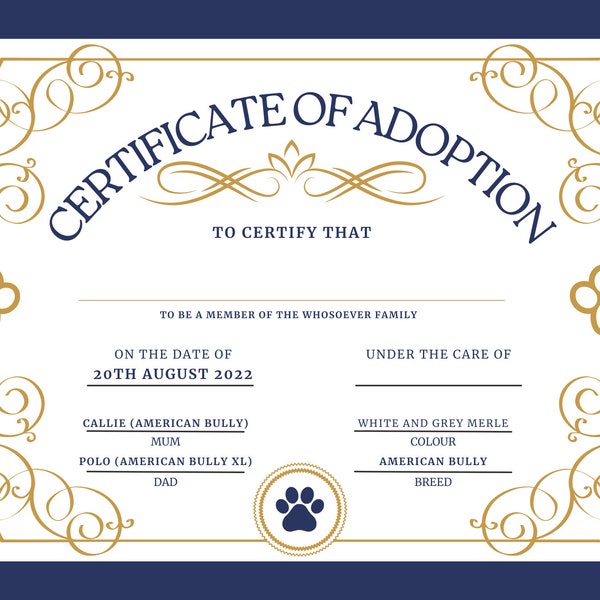 Certificato di adozione stampabile, modificabile in Canva, Certificato di nascita del nuovo cucciolo, Regalo per cuccioli a sorpresa, Certificato di adozione del cane, Cane da ricovero