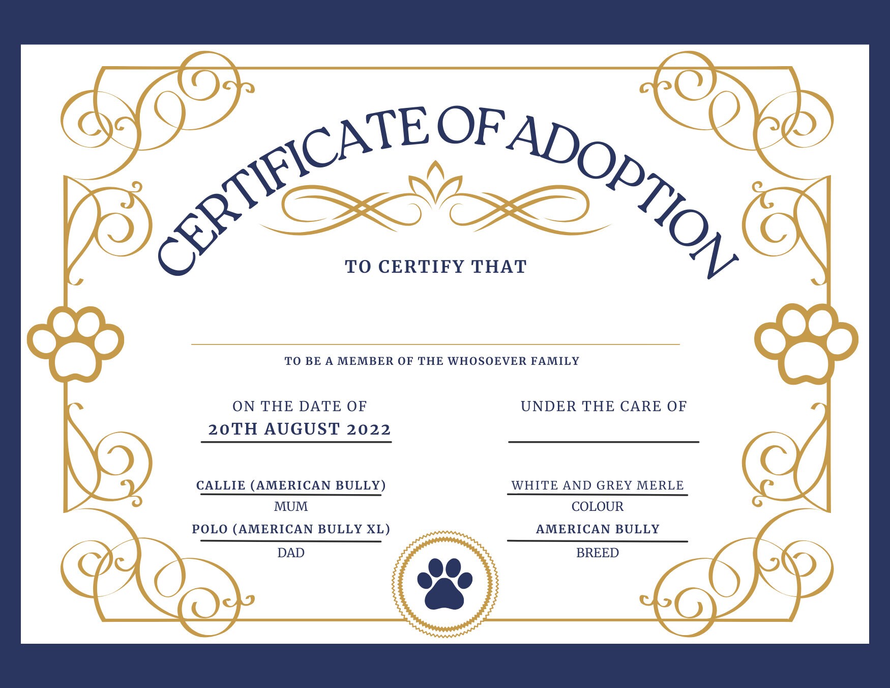 Adoption Certificate Printable, Editable in Canva, New Puppy Birth Certificate, Surprise Puppy Gift, Dog Adoption Certificate, Shelter Dog - Etsy Denmark adoption-certificate-printable-editable-in-canva-new-puppy-birth-certificate-surprise-puppy-gift-dog-adoption-certificate-shelter-dog-etsy-denmark