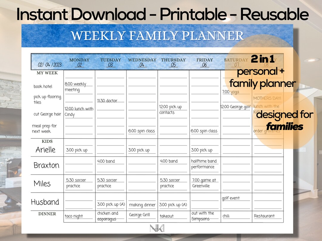 INSTANT DOWNLOAD Printable Weekly Planner for Families 2023 Weekly