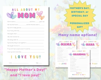 All About Mom Printable Fill in Template, Mothers Day Gift from Kids, All About My Momma Mommy Grandma Interview, Mother&#39;s Day Activity