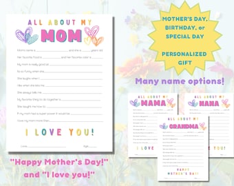 All About Mom Printable Fill in Template, Mothers Day Gift from Kids, All About My Momma Mommy Grandma  Interview, Mother's Day Activity