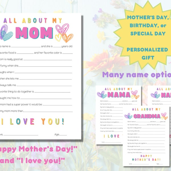 All About Mom Printable Fill in Template, Mothers Day Gift from Kids, All About My Momma Mommy Grandma  Interview, Mother's Day Activity