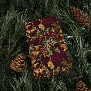 Luxury Christmas Wrapping Paper, Elegant Burgundy & Gold Holly Leaves with Berries, Holiday Gift Wrap for Xmas Presents, Seasonal Packaging
