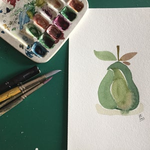Pear // Watercolour Fruit painting, green pear painting, kitchen decor, A5 size painting image 2