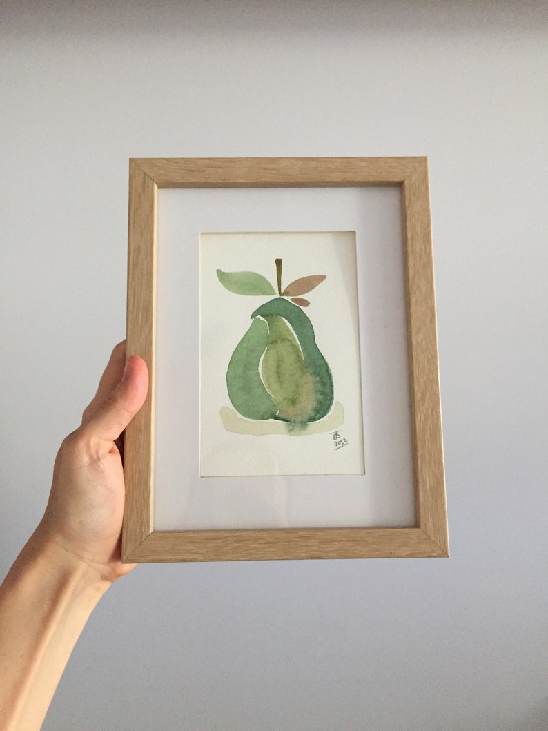 Pear // Watercolour Fruit painting, green pear painting, kitchen decor, A5 size painting image 3