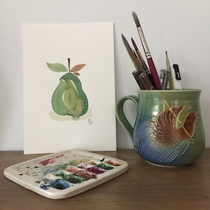 Pear // Watercolour Fruit painting, green pear painting, kitchen decor, A5 size painting image 1