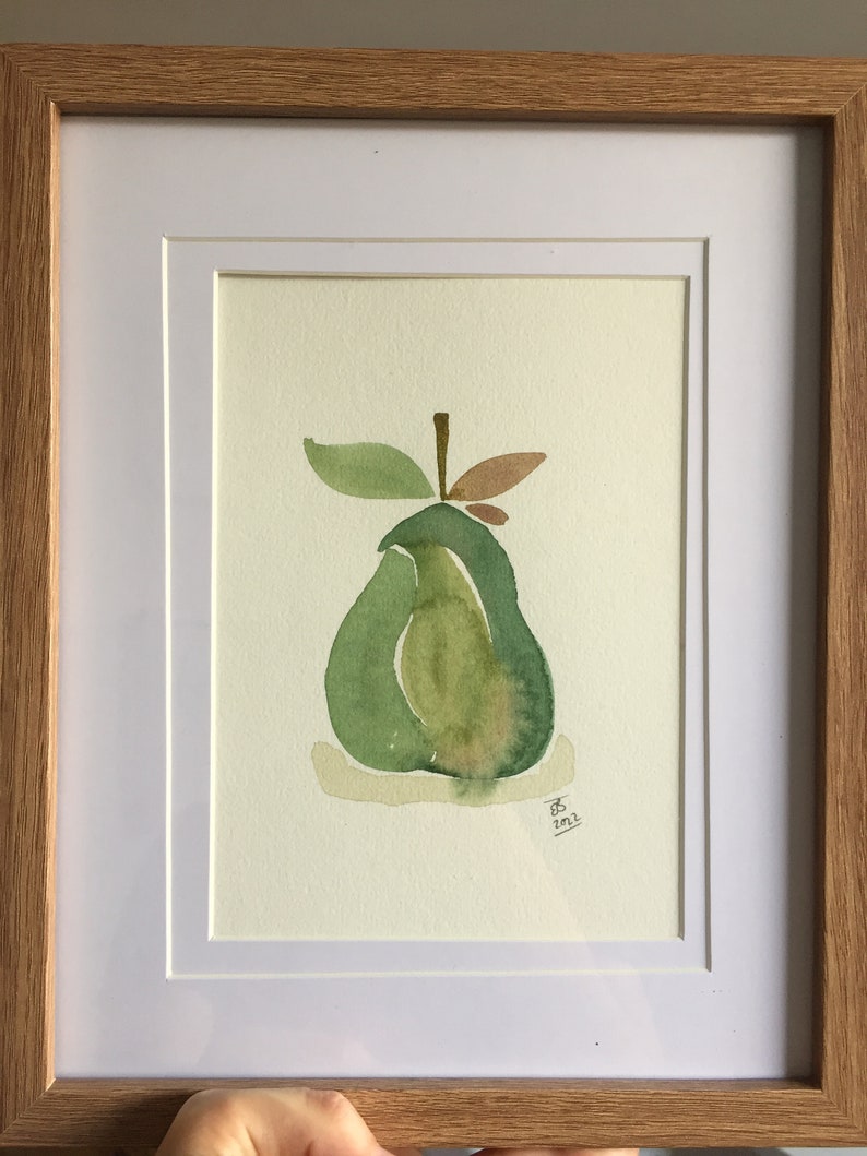 Pear // Watercolour Fruit painting, green pear painting, kitchen decor, A5 size painting image 5
