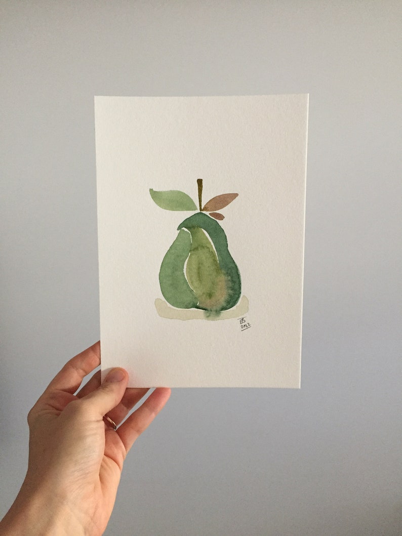 Pear // Watercolour Fruit painting, green pear painting, kitchen decor, A5 size painting image 7