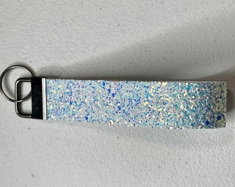 Wristlet Key Fob | White Icy Glitter Wristlet | Gift for Her | Key Fob | Keychain Fob | Wrist Keychain