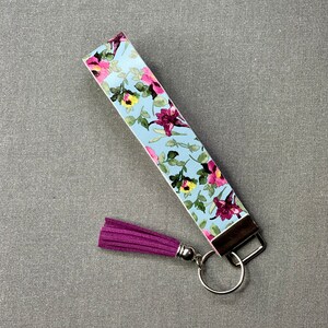 Floral Wristlet Key Fob: Handmade Faux Leather Keychain with Suede Tassel