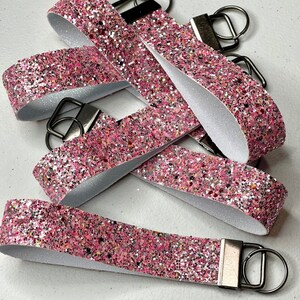 Handmade Pink Glitter Wristlet Key Fob: Faux Leather Keychain