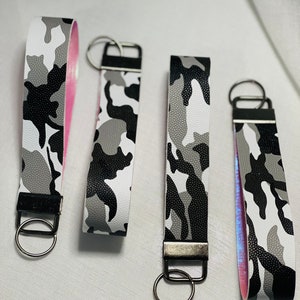 Black & White Camo Wristlet Key Fob: Handmade Faux Leather Keychain