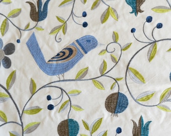 Designer Kennerton Blue/Green embroidered floral and bird by Baker Lifestyle fabric remnant one yard