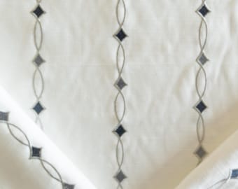 Vintage blue diamond patterned embroidered linen fabric by the yard