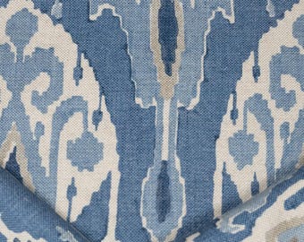Blue and Ivory vintage G&P baker ikat Bokhara upholstery fabric by the yard