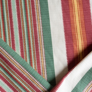 Green, red, beige and yellow striped woven textured upholstery decorator fabric by the yard