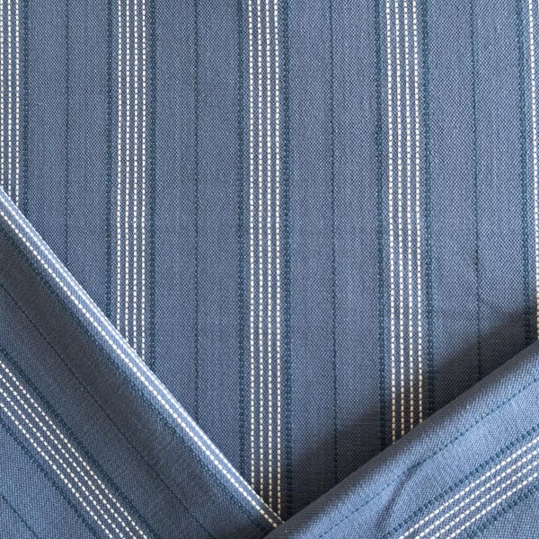 Blue and White vertical stiped Carole Fabric "Stage Lights Denim" fabric by the yard