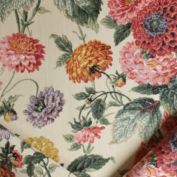 Flora Soames Dahlias in Parchment, designer hand printed linen fabric by the yard