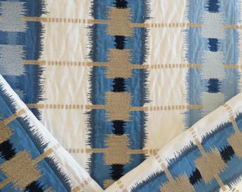 Vintage blue and silver embroidered striped fabric by the yard