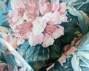 Vintage green and pink floral fabric remnant one yard
