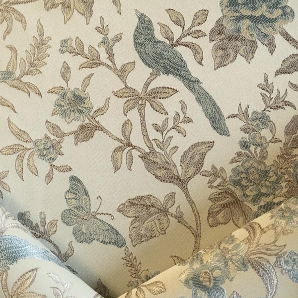 Charlotte Fabrics Eden Chambray floral bird print fabric by the yard
