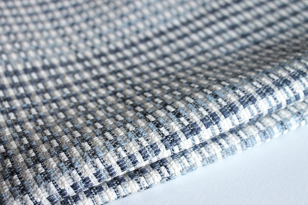 Blue and White Woven Plaid Upholstery Fabric by the Yard Etsy