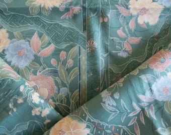 Vintage teal floral bird fabric by the yard
