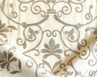 Tissu damassé lin/coton crème brodé par mètre