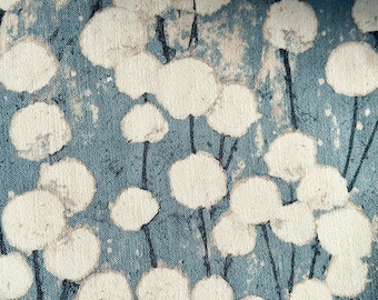 Unique Fine Fabrics Kismet Dandelion floral print blue and white 100 percent polyester designer fabric by the yard