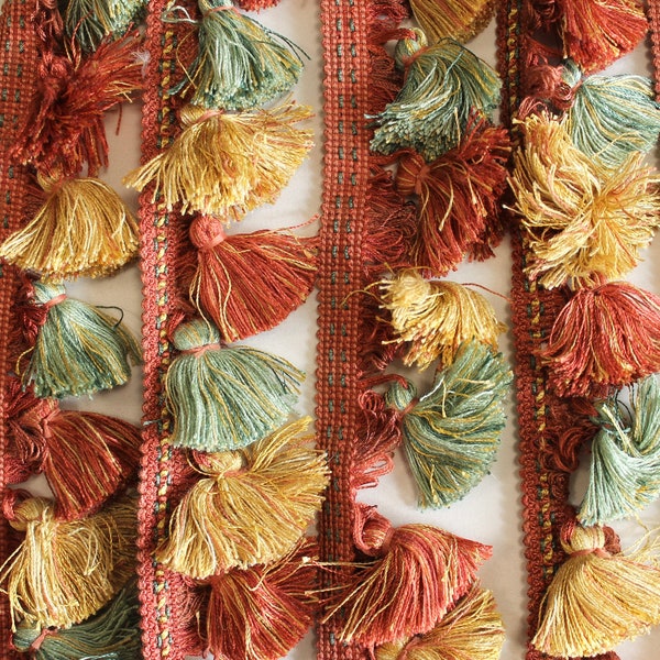 Vintage red blue and yellow tassel fringe curtain trim | multicolored trim for curtains