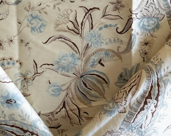 Vintage blue and brown floral upholstery fabric remnant two yards
