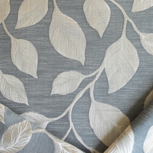 Slate blue leaf patterned fabric by the yard