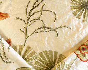 High-end gold silk red and green floral embroidered fabric by the yard