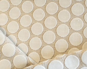 Fifties Cat. H embroidered velvet circles on linen cotton blend fabric remnant 1 yard