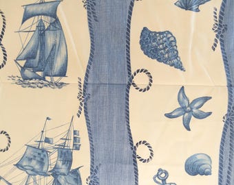 Vintage nautical striped sailing blue and white upholstery fabric by the yard